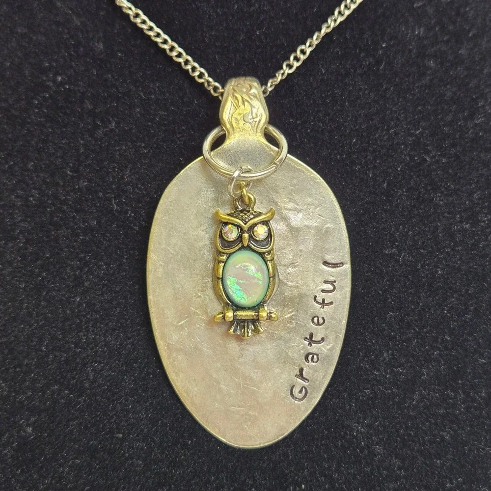 Spoon Pendant Necklace, Owl Charm, Iridescent stone/rhinestones,‎ 28